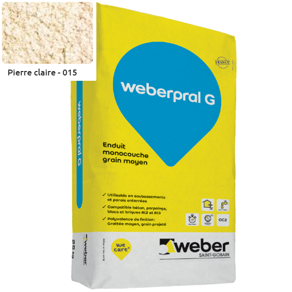 Enduit monocouche moyen WeberPral G 015 Pierre clair - 25 KG