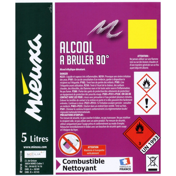 Alcool à brûler à 90° Mieuxa nettoyant en bidon de 5 litres