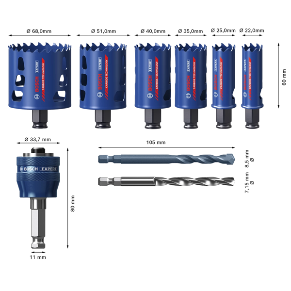 Coffret Bosch 12 Scies Trépans PRO Multi Material - Pour Bois, Placo, Métal, Diam. 22-64 Mm - 11